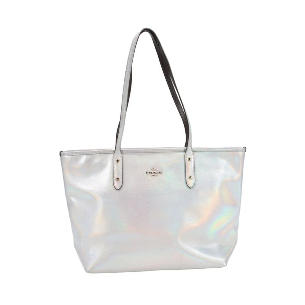 Coach Womens Leather Metallic Top Handle Tote Handbag Silver